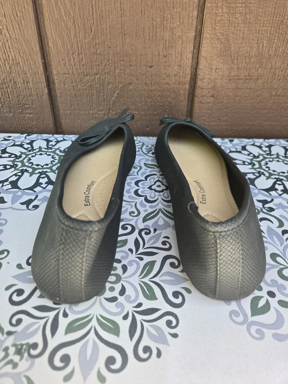 Ophelia Roe Black Ballet Flats with Texture & Bow Memory Foam For Extra Comfort